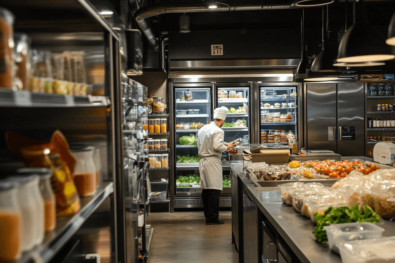 Un cuisinier dans une grande cuisine avec des chambres froides en train de vérifier la température grâce à l'application CAP CONTROL