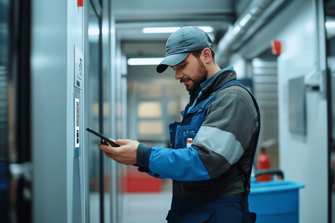 Un agent avec un smartphone qui est en train de scanné un QR Code pour réaliser son pointage avec le logiciel CAP TIME