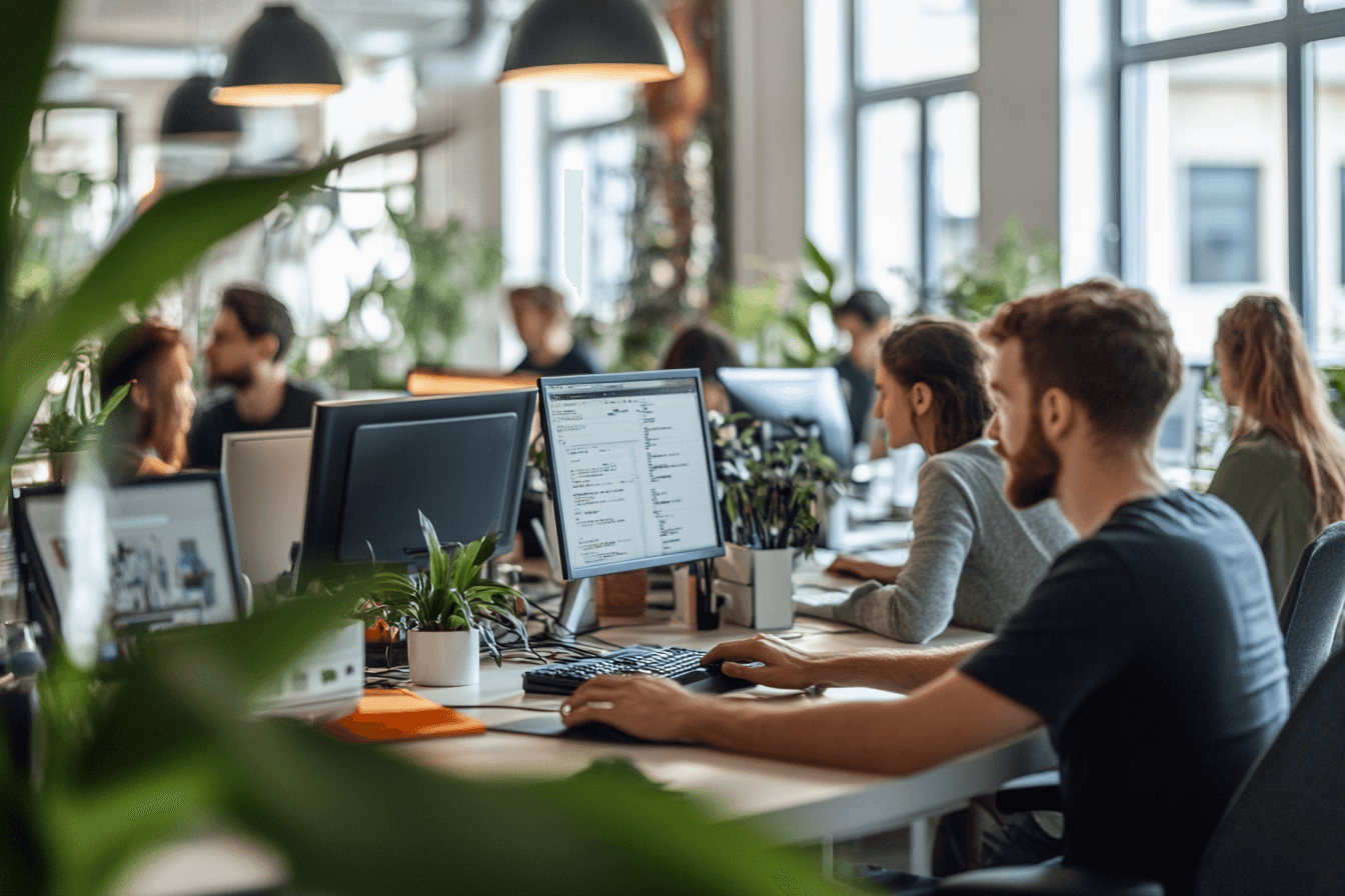 Photo d'une équipe d'informaticiens dans un open space devant leurs PC en train de développer les logiciels de KOOREO