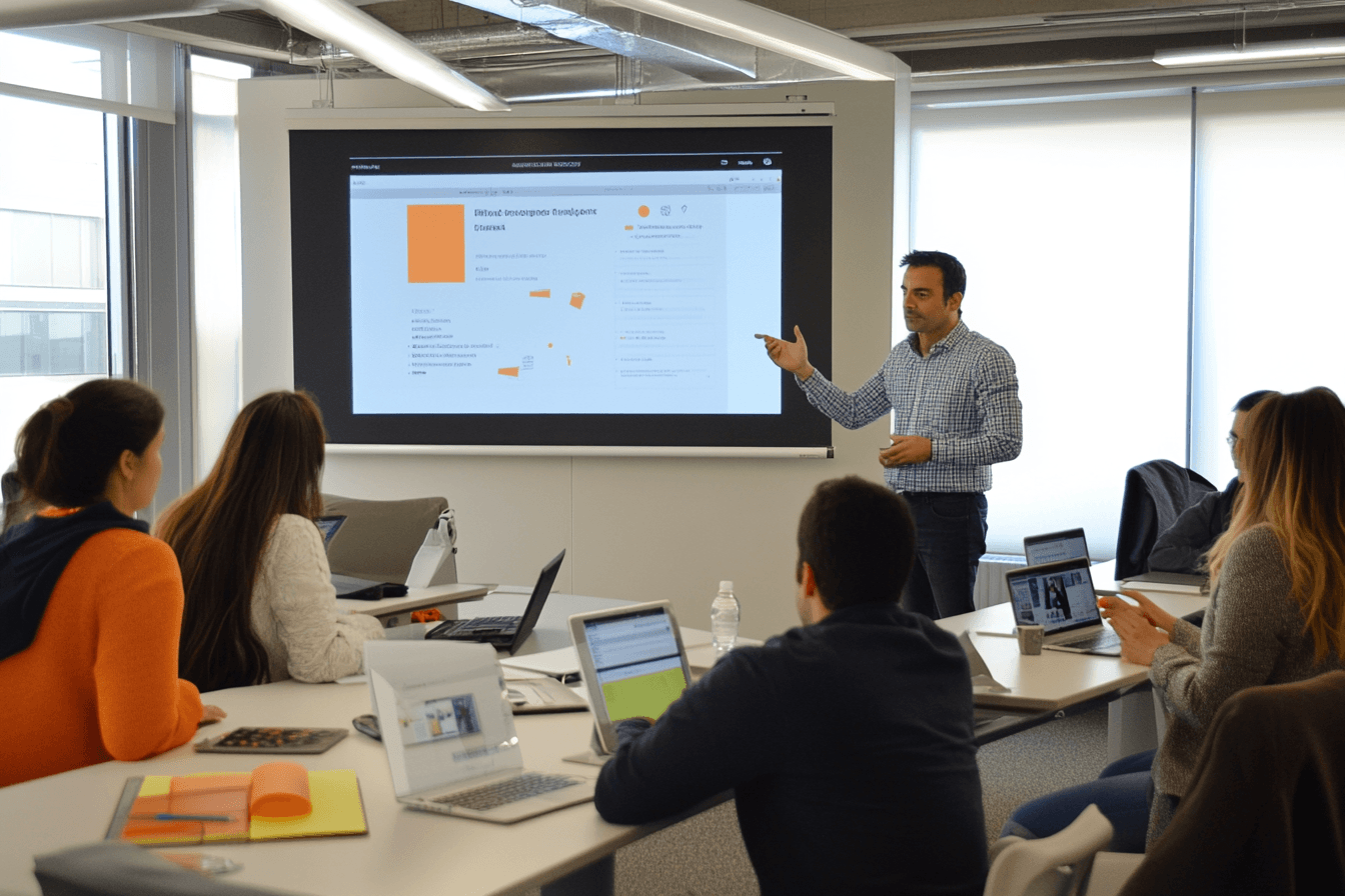 Photo d'une salle de réunion ou se trouve un formateur debout devant un grand écran en train de former plusieurs utilisateurs qui sont installés assis autour d'une table. Cette photo représente le centre de formation de Kooreo.