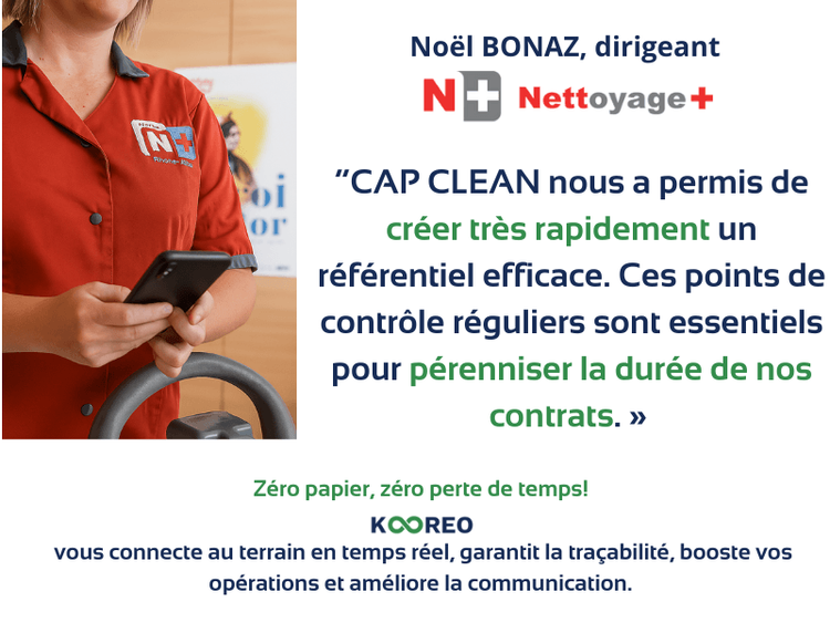 image d'une femme tenant un smartphone. Elle porte une blouse de travail rouge au nom de nettoyage plus. 