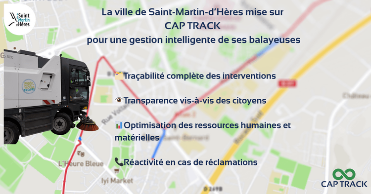 Image d'un tracé de l'itinéraire sur une carte d'une balayeuse de la mairie de saint martin d'hères