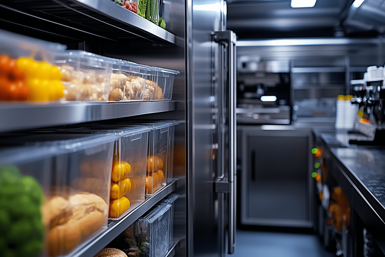 Une photo d'une cuisine collective avec des meubles réfrigérés. Cette photo symbolise les métiers de la restauration ou  de manière général des entreprises qui stock des denrées alimentaires.
