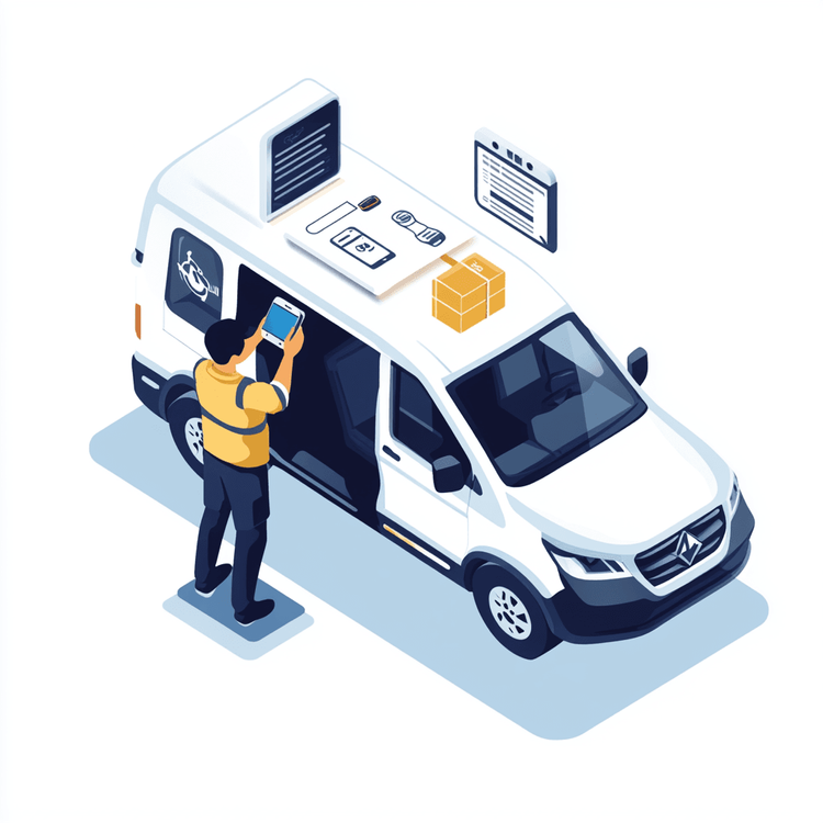 Image d'un technicien devant son véhicule d'intervention avec un smartphone en train d'utiliser le logiciel CAP SERV pour préparer son intervention