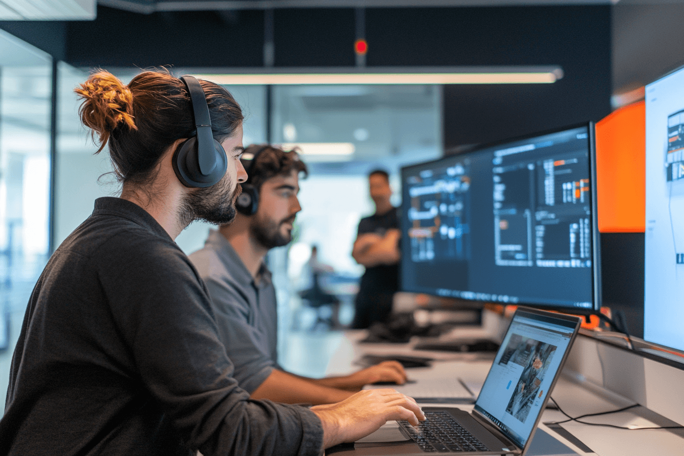 photo de deux personnes devant leurs PC, portant un micro et casque audio en train d'aider des clients au téléphone. Cette photo représente l'assistance et le support téléphonique de Kooreo.
